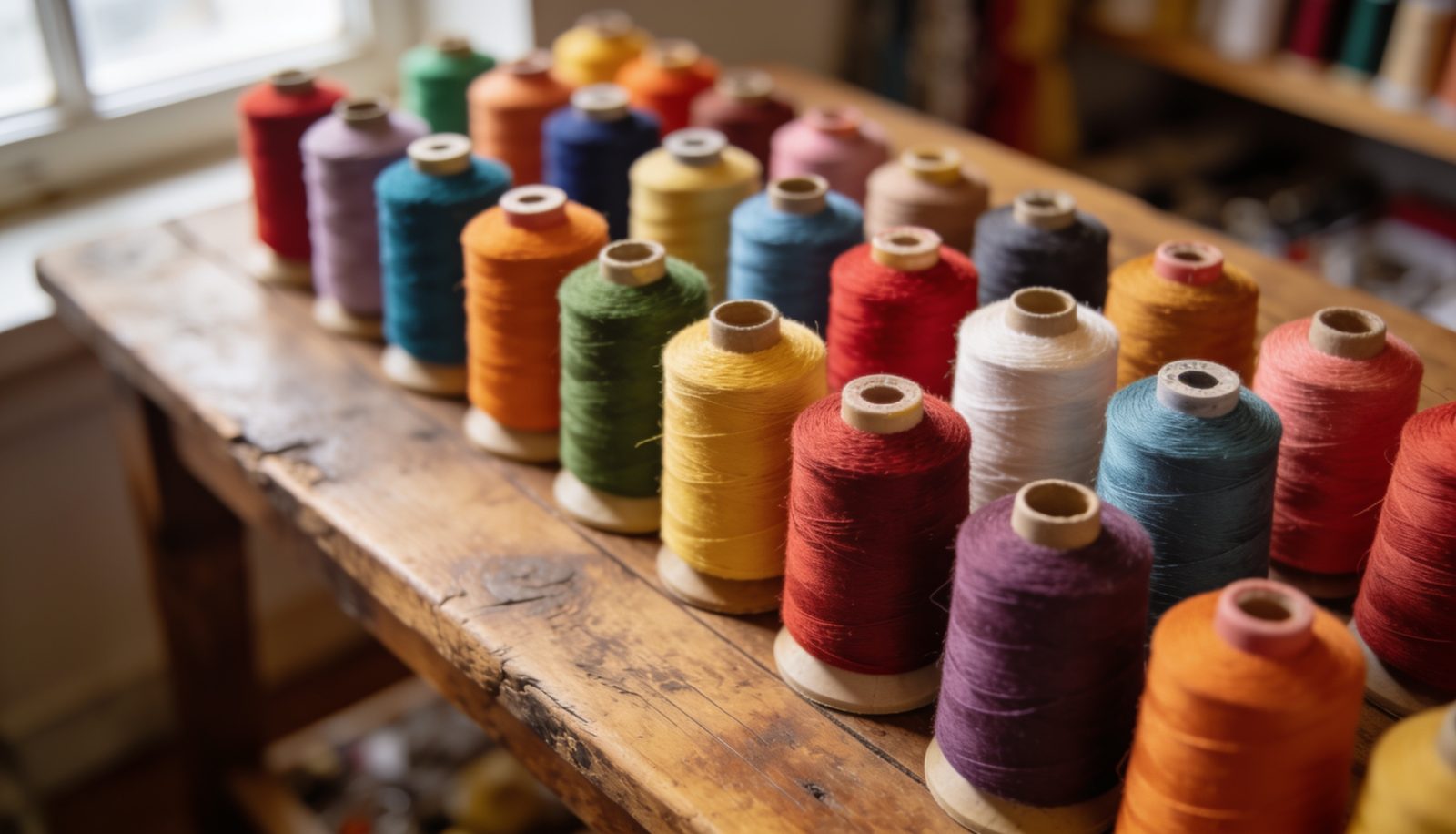 Bobinas de hilo de coser de colores en Avalon Mercería